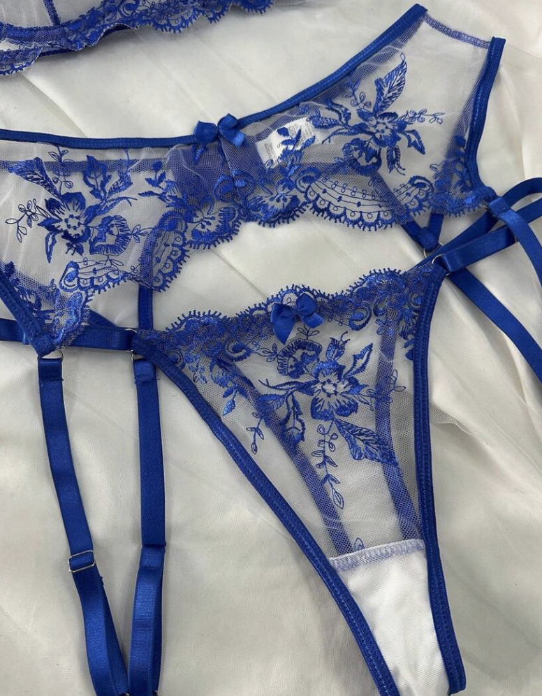 3pcs/Set Sexy Lingerie Set - transparent/blue - Large